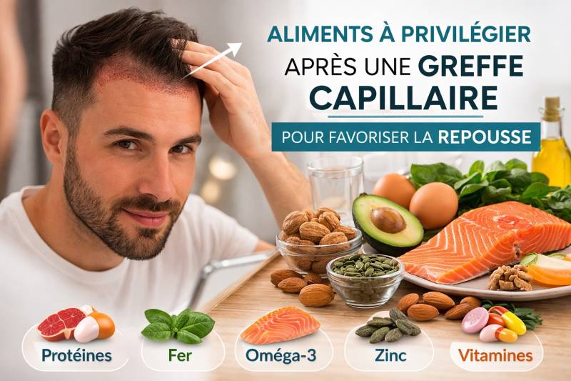 Exemples d’aliments à privilégier après une greffe capillaire pour stimuler la repousse et améliorer la santé du cuir chevelu.